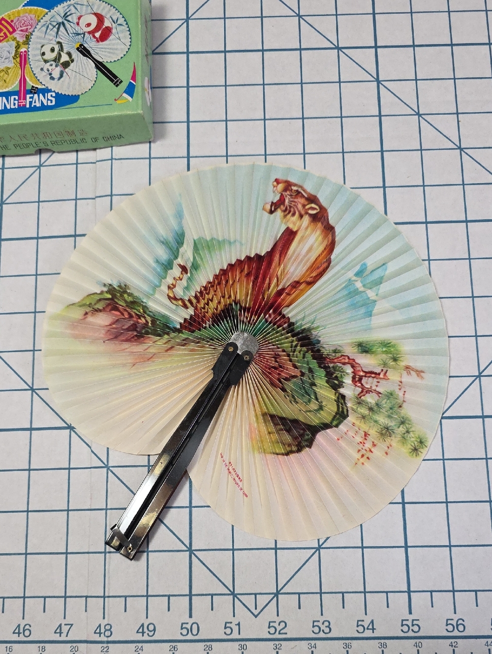 Chinese Paper Folding Hand Fan W/Metal Handle, VTG Mid-Century, #61